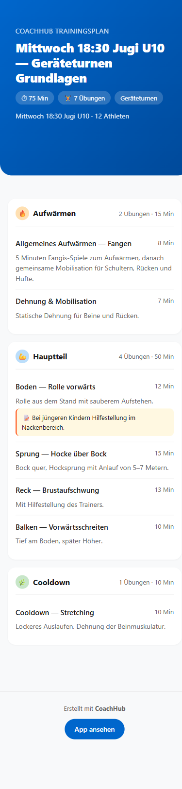 Per Link geteilter Trainingsplan im Browser